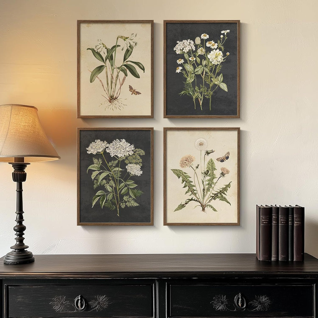 Framed Vintage Botanical Wall Art Bedroom, 4 Piece Rustic Farmhouse Floral Canvas Prints Artwork, Neutral Flower