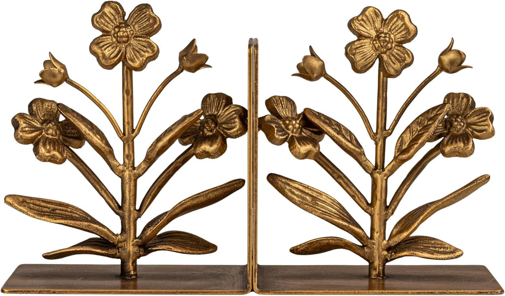2-Piece Cast Metal Flower Bookends, Gold Finish