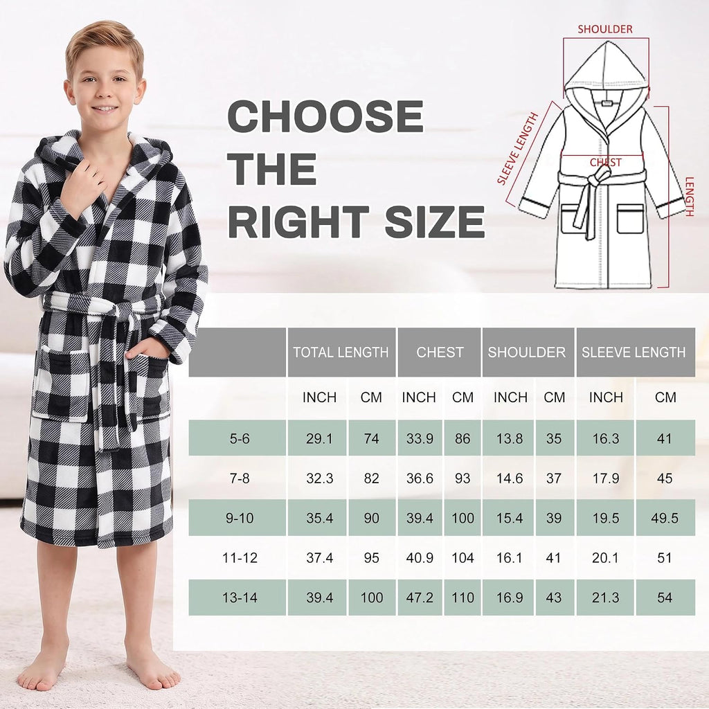 Boys Fleece Hooded Robe, Soft Print Bathrobe Kids 5-14(Black Plaid11-12)