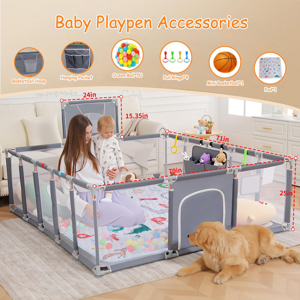 Playpen, 79"x71"Baby Playpen with Mat Indoor&Outdoor Playpen for Babies and Toddlers with Breathable Play Pen with