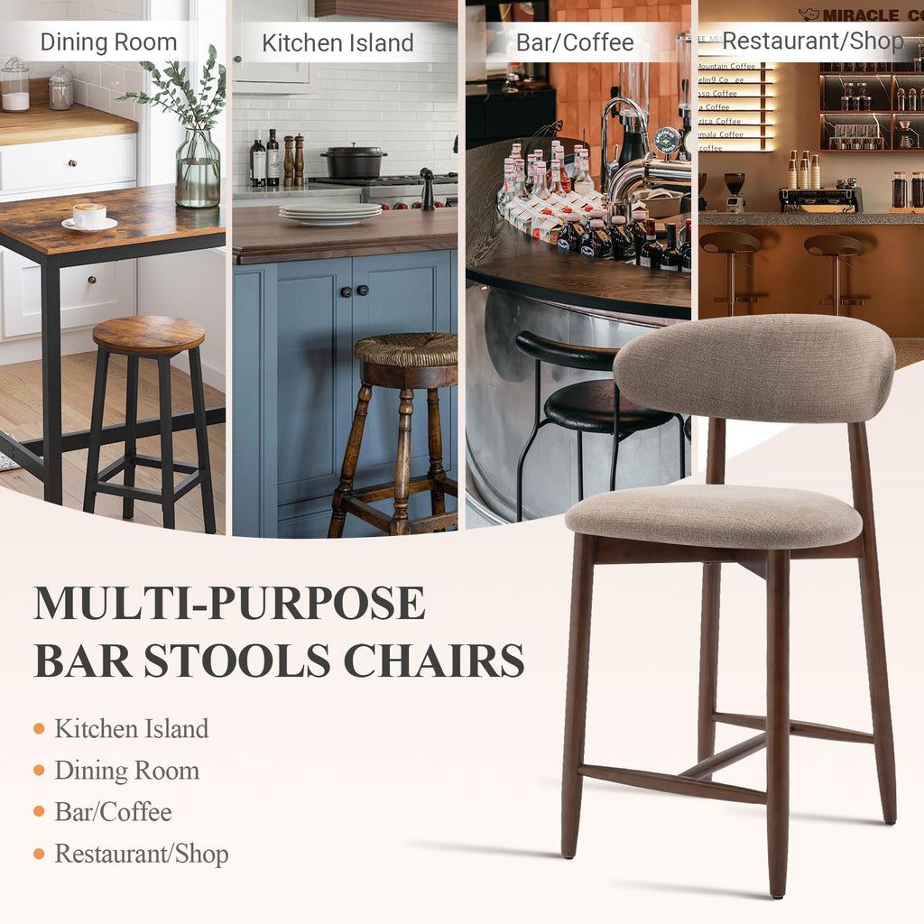 Bar Stools Set of 2, Counter Height BarStools with Back, Mid Century Modern Upholstered, with Wood Legs Island Dining