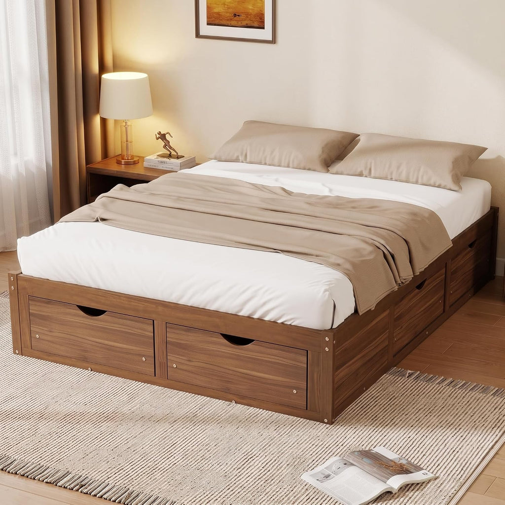Queen Size Wood Japanese Bed Frame with 6 Storage Drawers