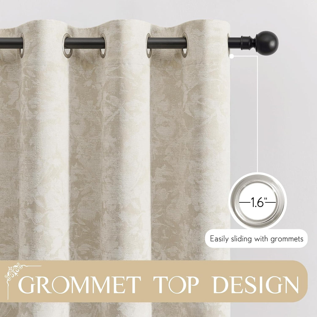Beige Floral Jacquard Blackout Curtains 84 Inches Long 2 Panels for Bedroom Living Room Flower Chenille Room
