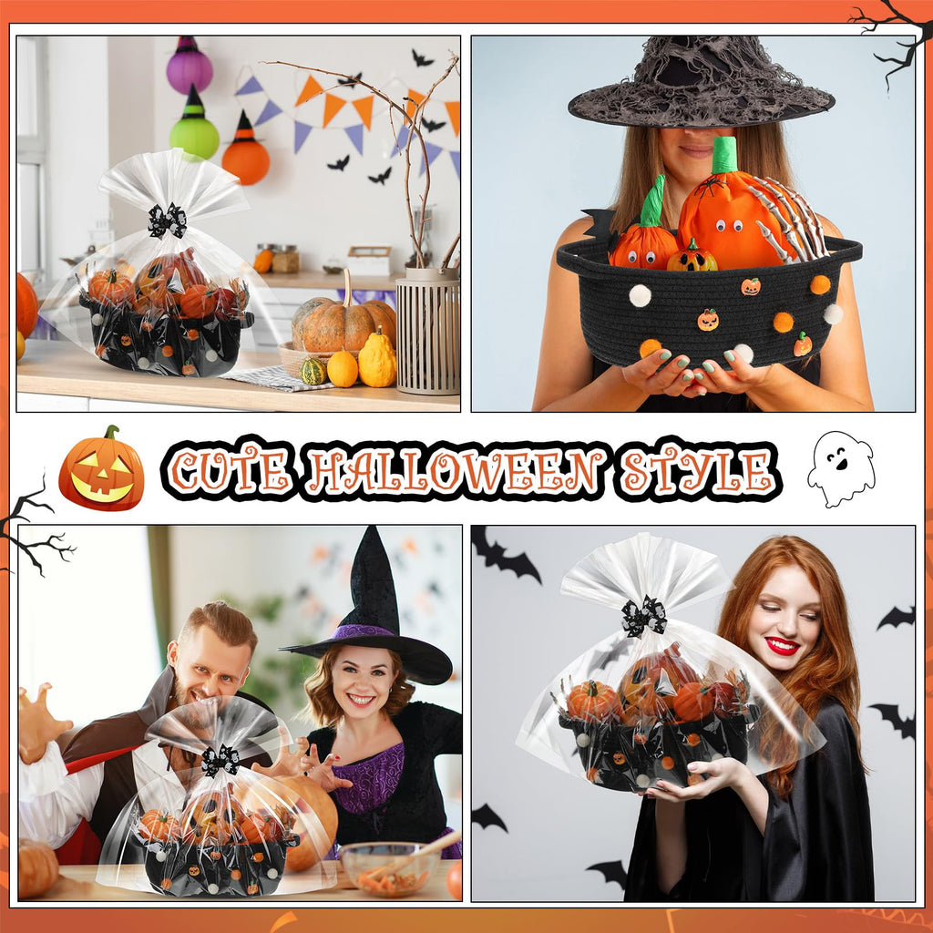 Halloween Woven Gift Basket Empty with Bow Clip Wrap Bag, Black