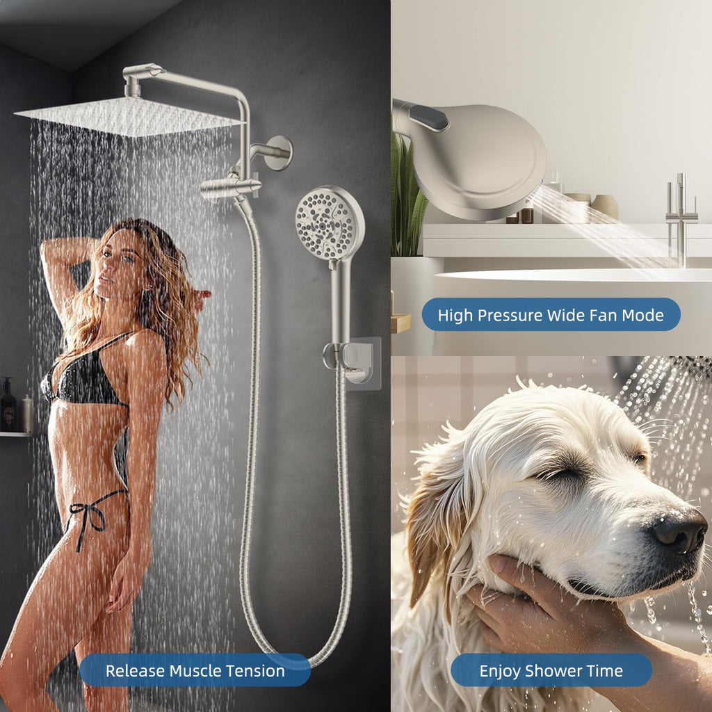 12" Metal Rainfall Shower Head with 10-Mode Handheld, Brushed Nickel