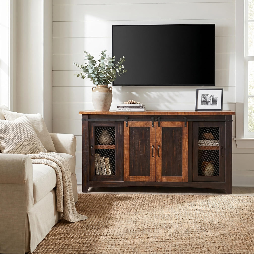 Rustic 65" Wood Entertainment Center, Black and Honey