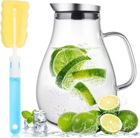 2 Liter Glass Pitcher, Water Pitcher with Removable Lid And Wide Handle, Easy Clean Juice Jug for Fridge, Beverage