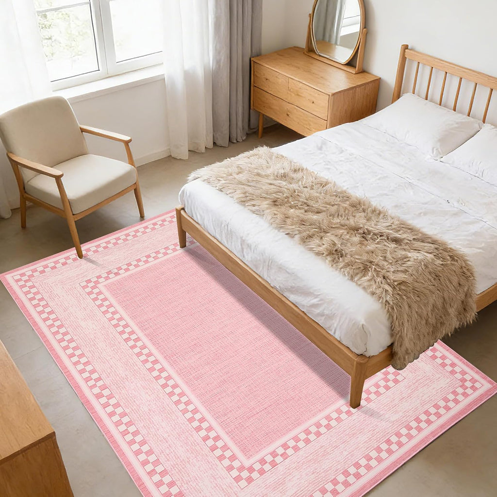 Area Rug, No Slip Washable, Modern Checkered Pattern Area Rug, Low-Pile Design Rug, Under Bed Carpet, Bedroom