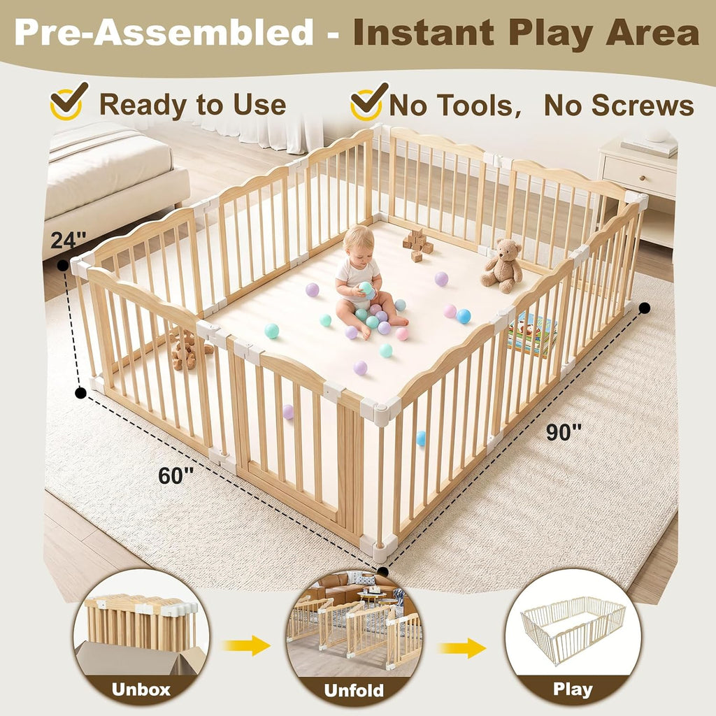 Foldable Wooden Playpen for Babies, Extra Large Play Pen, 90 x 60 x 24 in | Pre-Assembled Wooden Baby Playpen, Ready