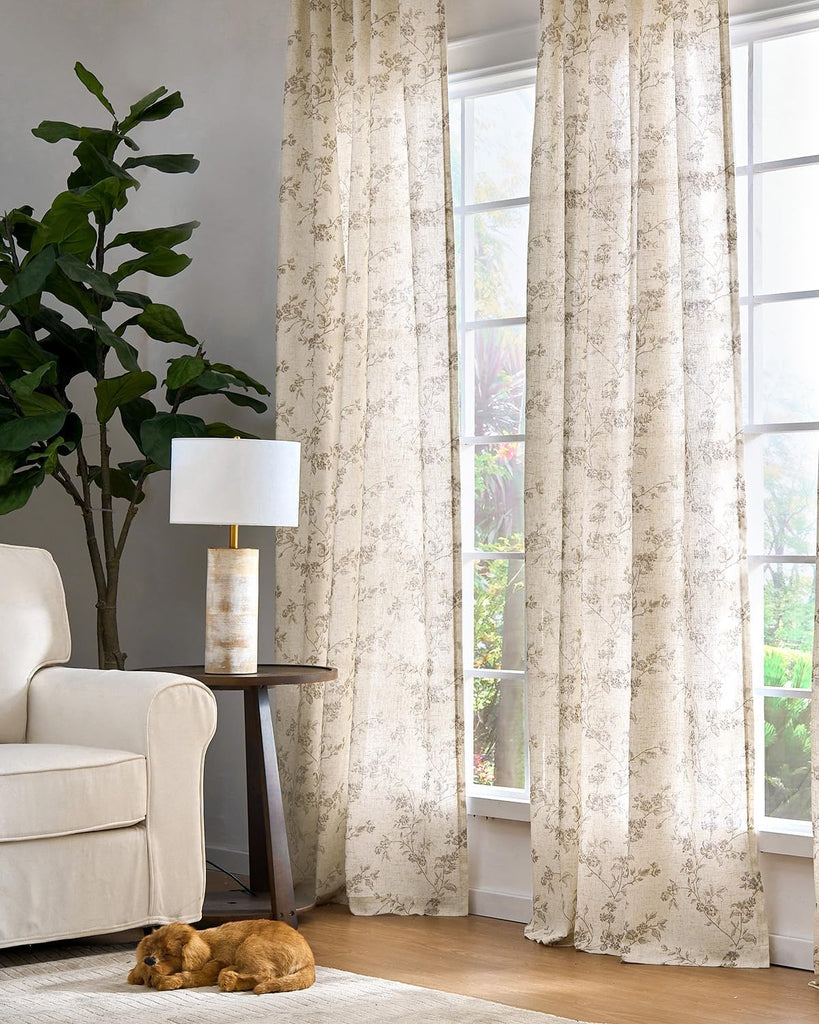Linen Floral Curtains for Living Room 96 Inch Length Taupe Printed Curtains Back Tab French Country Farmhouse Flower