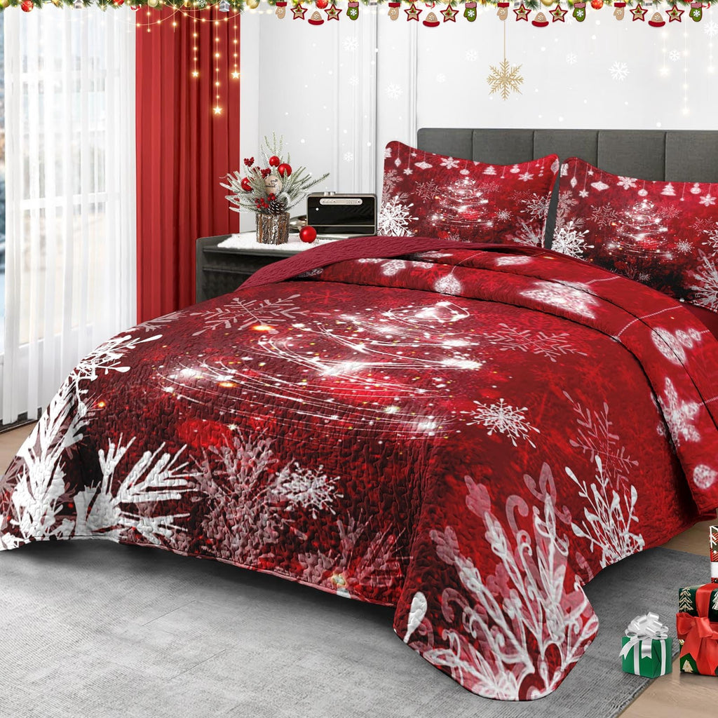 King Christmas Quilt Set, 3 Piece Red Glitter Bedding, Bedspreads
