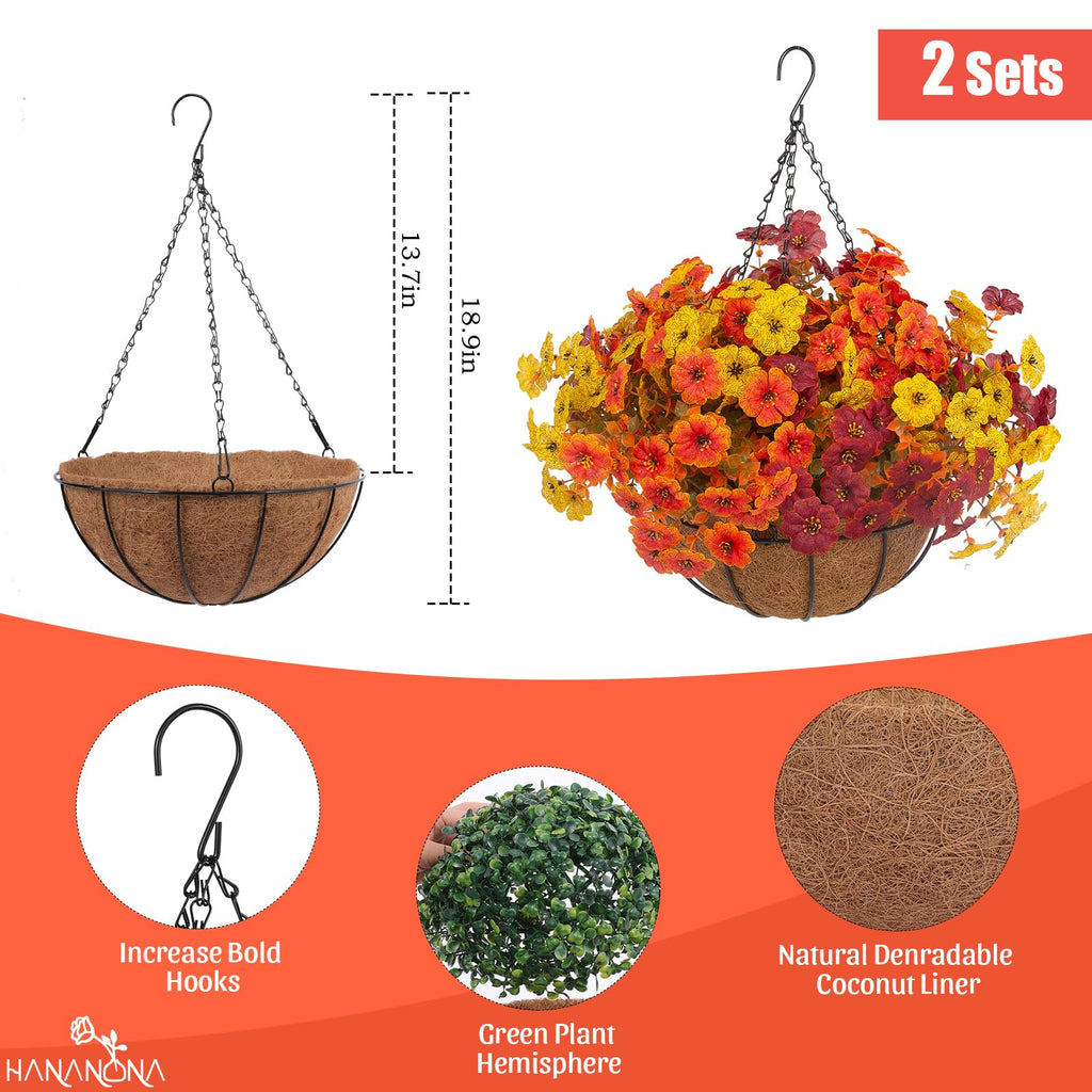 2 Set Artificial Outdoor Fall Flowers with Hanging Basket, 2 Packs Hanging Planters with 24 Pcs Faux Fall Mums for