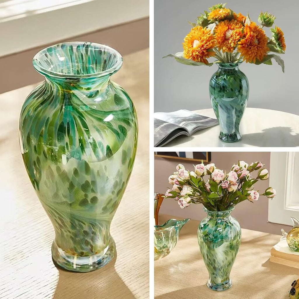 Hand Blown Green Classic Vase Decor, 11.5Inch Glass Flower Vase