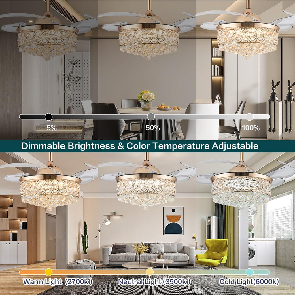 48" Modern Gold Fandelier,Dimmable Crystal Ceiling Fan with Light and Remote, Chandelier Ceiling Fans with Invisible