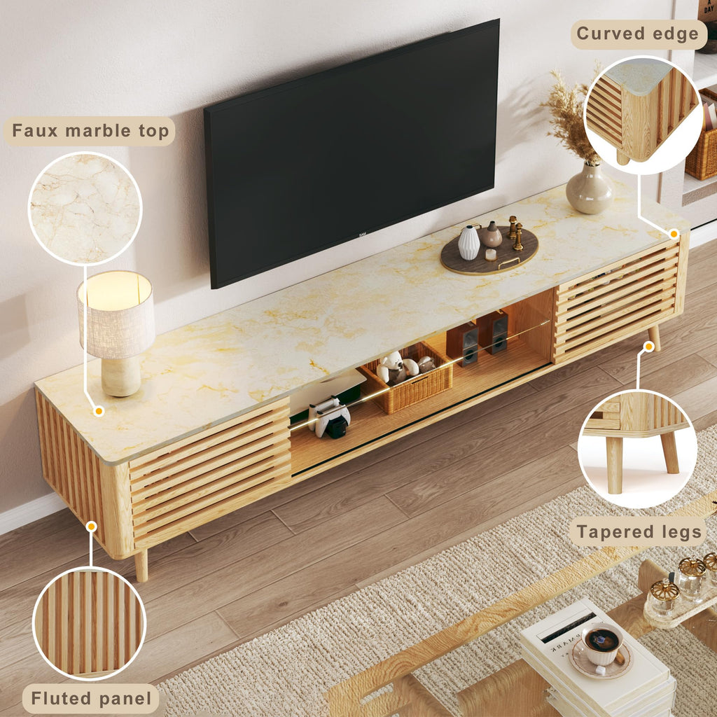 70" TV Stand for 55/65/75 Inch TV, Faux Marble Top Entertainment Center with Slatied Sliding Door & LED Lights, Mid
