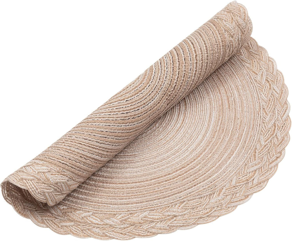 15 inch Round Placemats Boho Woven Braided Border Table Mats Washable Heat Resistant Circle Place Mats - Set of 6
