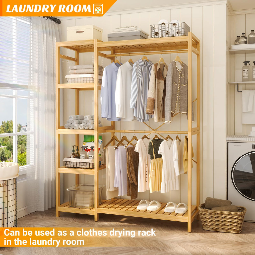 Bamboo Clothing Rack with 7 Adjustable Shelves, 2 Hang Rods