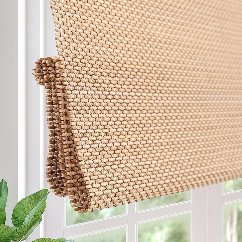 Comzone Cordless Blackout Bamboo Roman Shades, Easy to Install Natural Woven Wood Window Shades, Great Privacy Lined