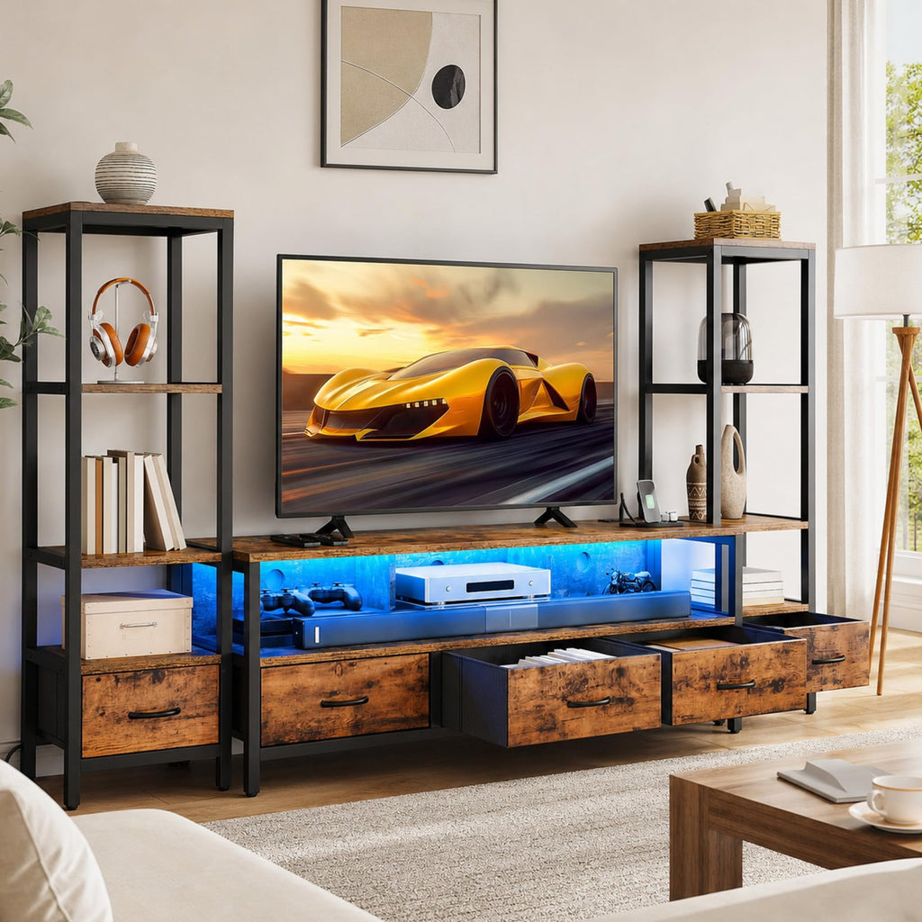 Industrial LED TV Stand for 65 Inch TVs, Bookshelves, Rustic Brown
