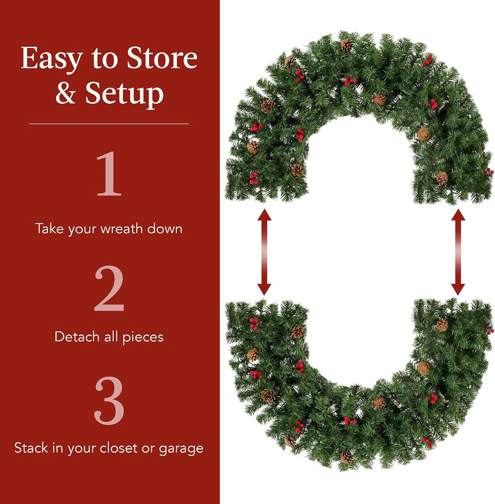 60in Pre-Lit Christmas Wreath w/Berries & Pinecones, Large Artificial Indoor/Outdoor Decor for Door, Mantel w/Red