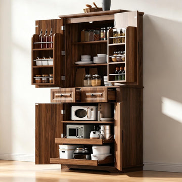 71" Farmhouse Pantry Cabinet with Pull Out Shelves & Drawers | Embossed texture, 3 pull out organizers, 6 door