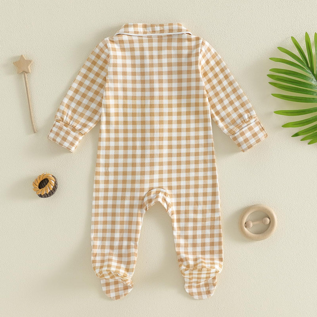 Newborn Baby Boy Girl Gingham Footed Romper Plaid Print Peter Pan Collar Long Sleeve Jumpsuit Coming Home Outfit
