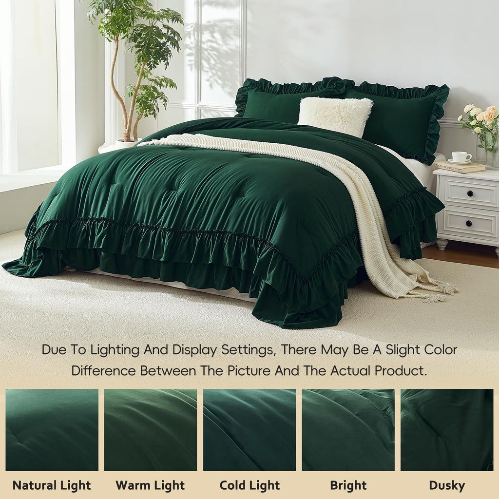 Dark Green Ruffle Comforter Set 3‐Piece Farmhouse Bedding