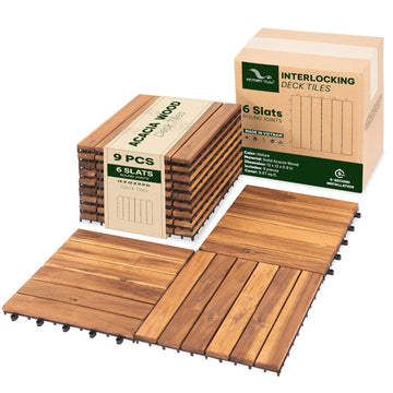 Natural Acacia 12x12 Interlocking Wood Deck Tiles for Balcony, Garden, Patio, Poolside Decor - Waterproof Indoor & Outdoor Flooring - 6 Slats, Round Joints, Pack of 9, Natural Color