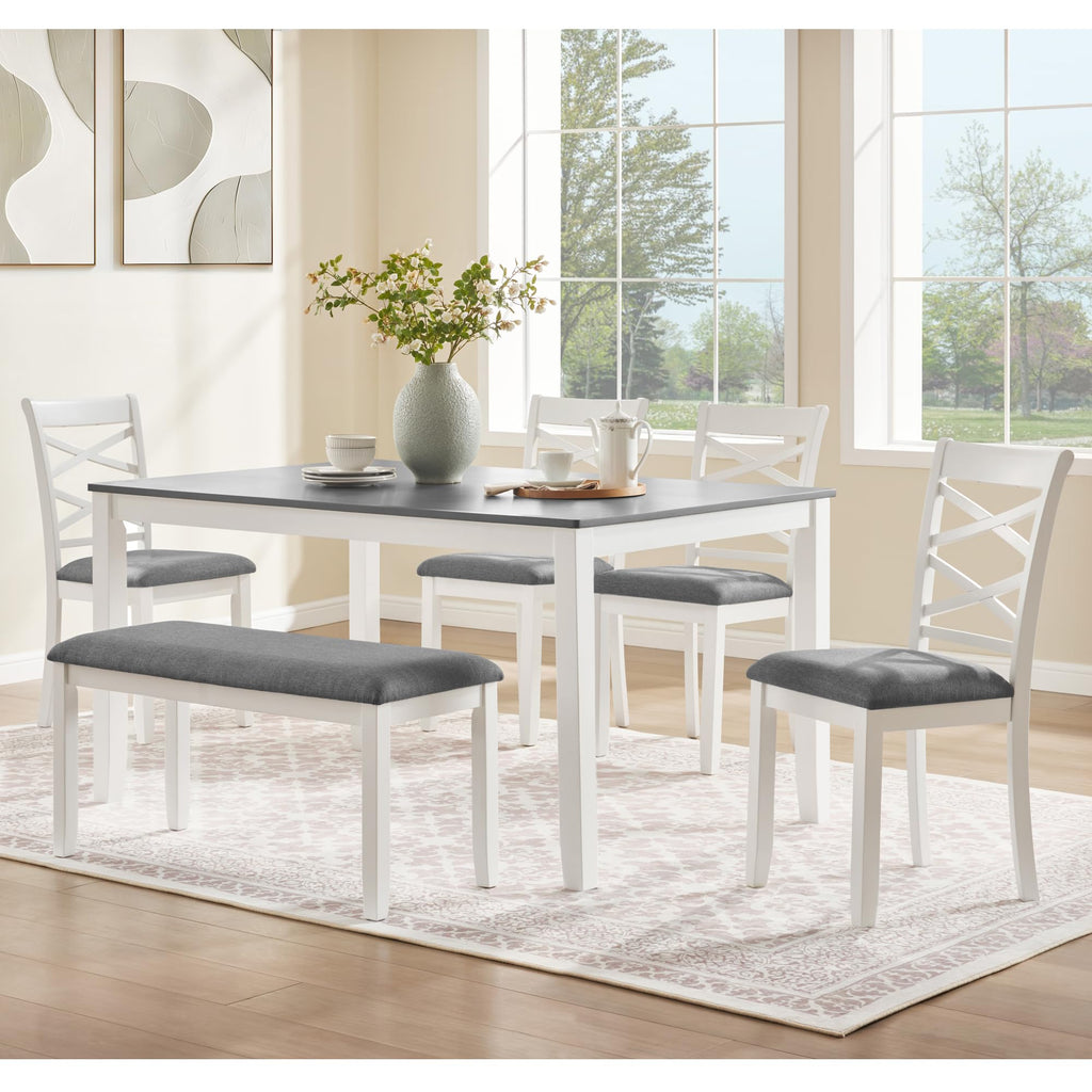 6-Piece Modern Dining Table Set with Chairs and Bench, Wood Kitchen Table Set for 4-6, Rectangular Kitchen Dining