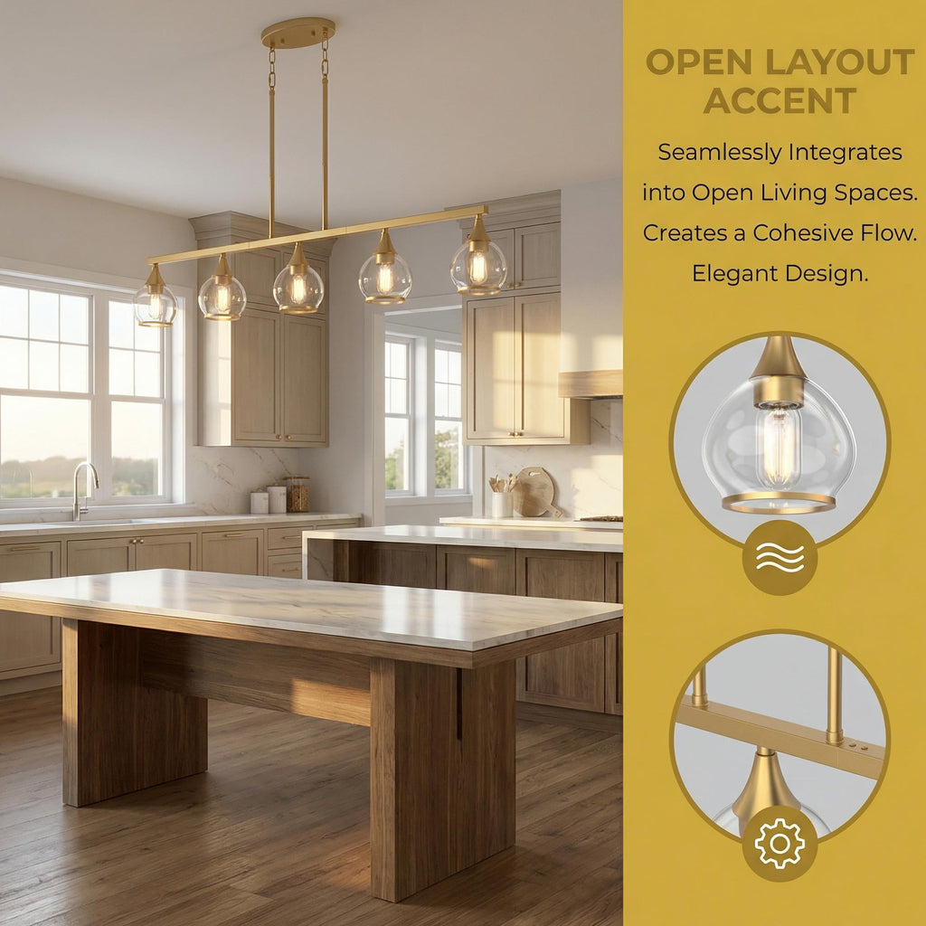 Gold Kitchen Island Linear Pendant Light, 5-Light, E26 Base