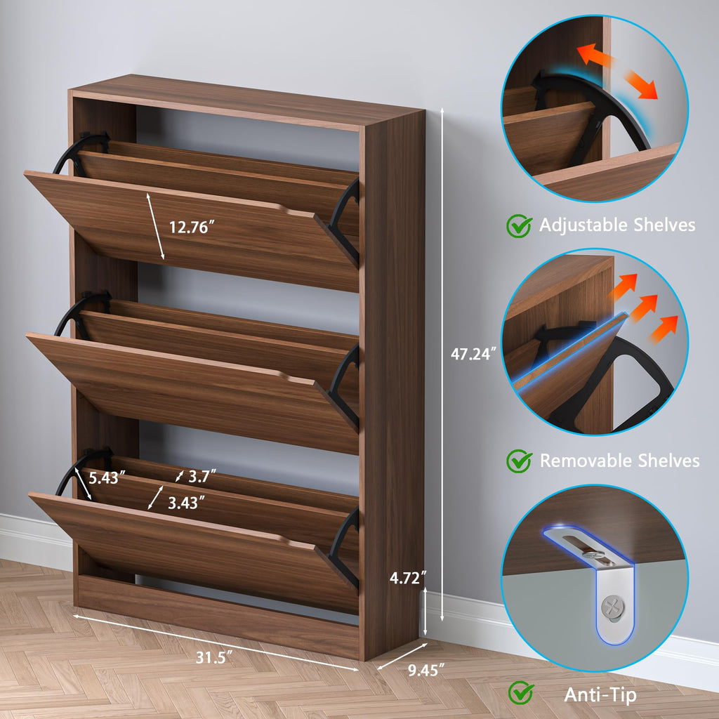 Shoe Cabinet with 3 Flip Drawers, Slim Narrow Shoe Storage Cabinet, Freestanding Shoe Organizer with Adjustable &