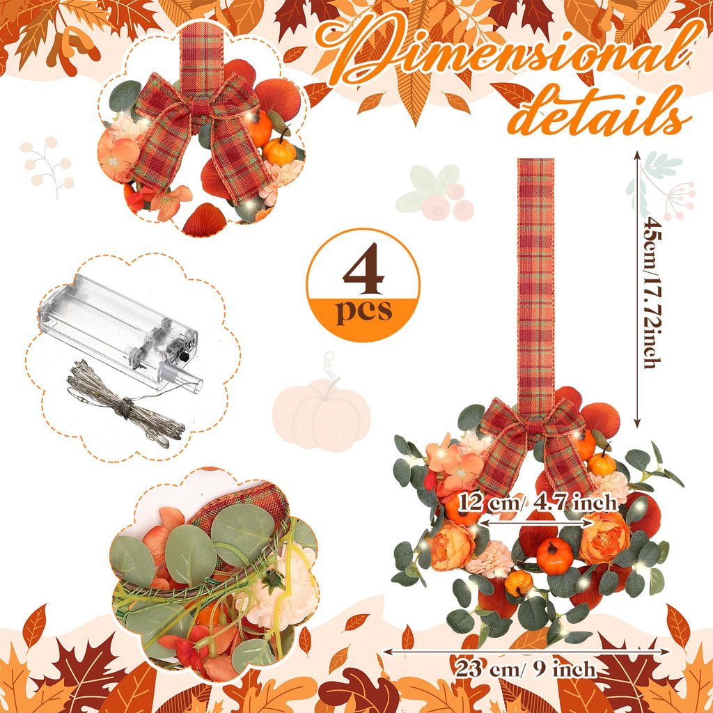 4 Pcs 9" Fall Mini Wreaths Pumpkin Eucalyptus Wreath