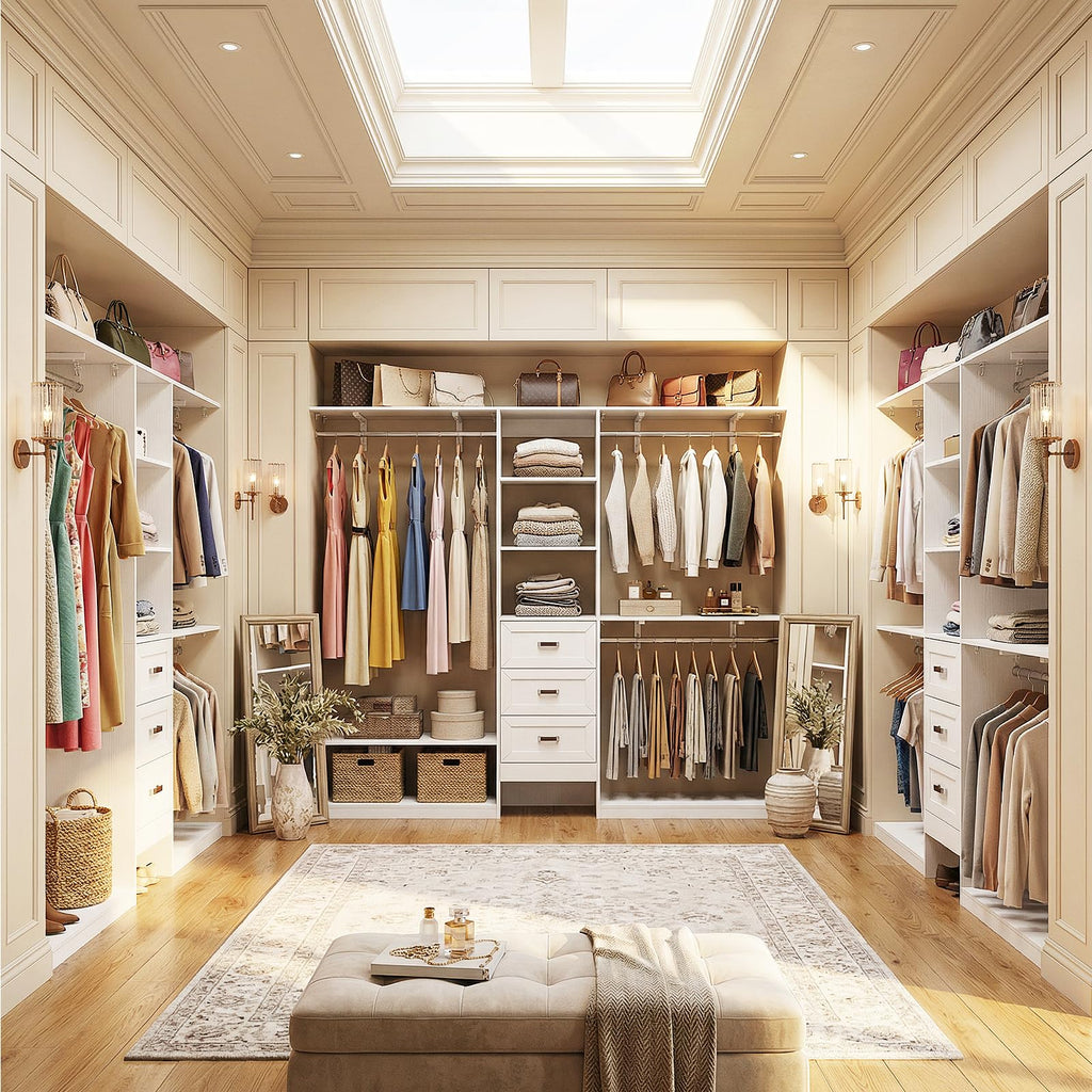 8FT Closet System with 3 Curved Drawers, 96'' Wooden Walk-in Closet Organizer with 3 Top Shelves, Adjustable