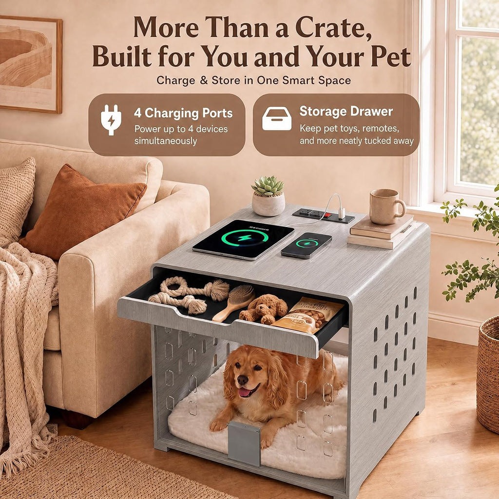 Modern Dog Crate Furniture Wooden Kennel Charging Station End Table Grey