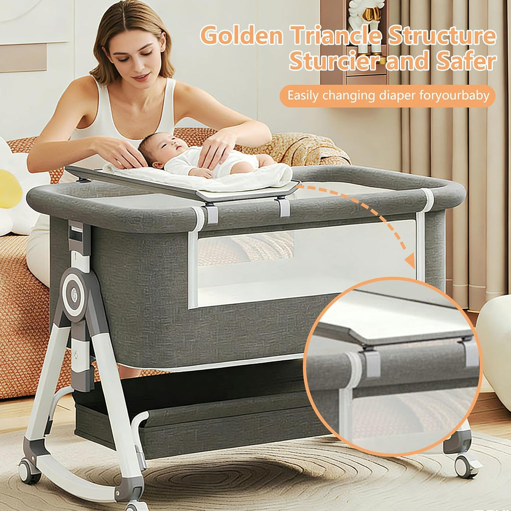4 in 1 Baby Bassinet, Rocking Bassinets Bedside Sleeper with Comfy Mattress and Wheels, 6 Height Adjustable Easy