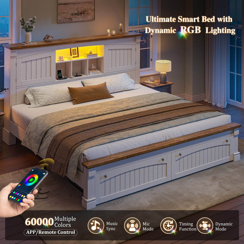 Farmhouse Bed Frame with Storage Headboard & Charging Station