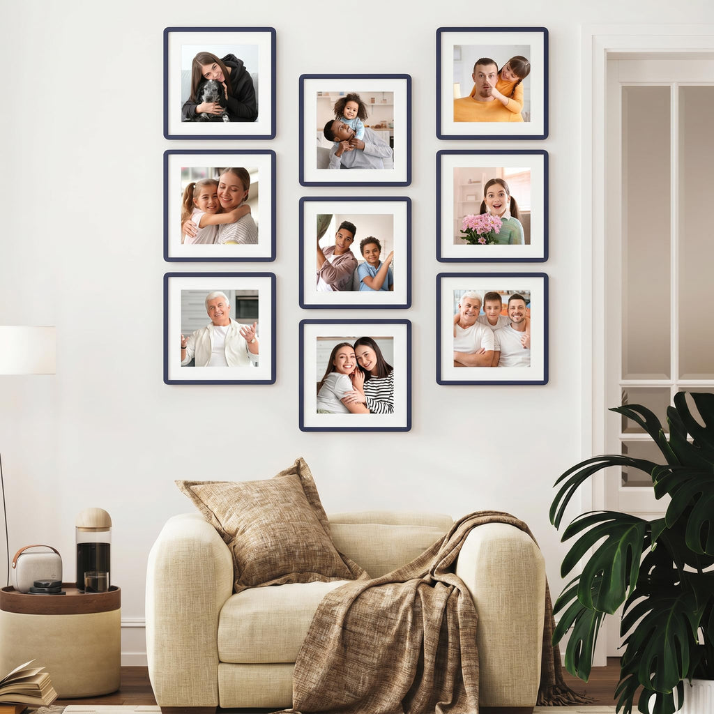 16x16 Solid Wood Square Frame | Matted for 12x12 Picture | Tempered Glass and Hanging Hardware Included | Navy Blue