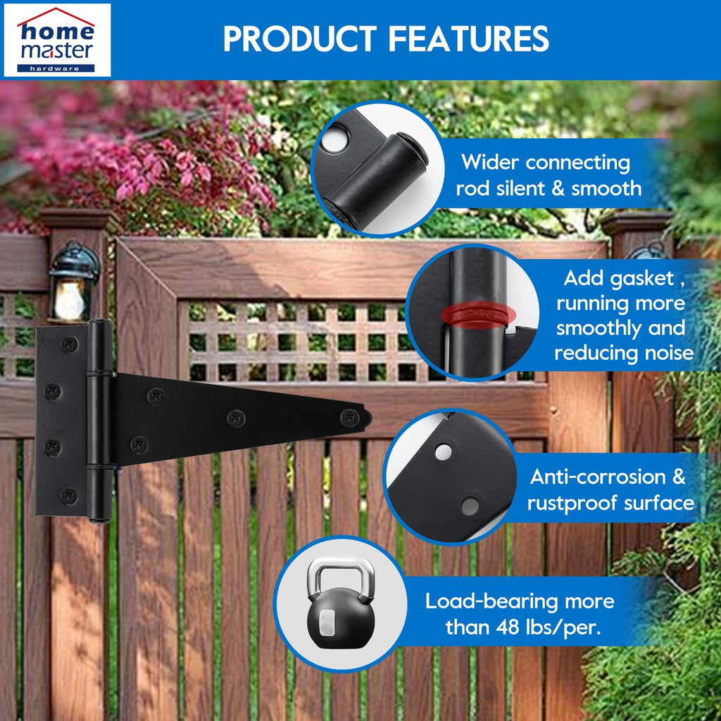 8" Heavy Duty Gate Hinges, 6 Pack T Strap Hinges