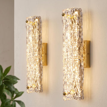 Gold LED Wall Sconces, Set of 2 with Transparent Glass Strip Modern Bathroom Sconces and Wall Lights for the Bedroom