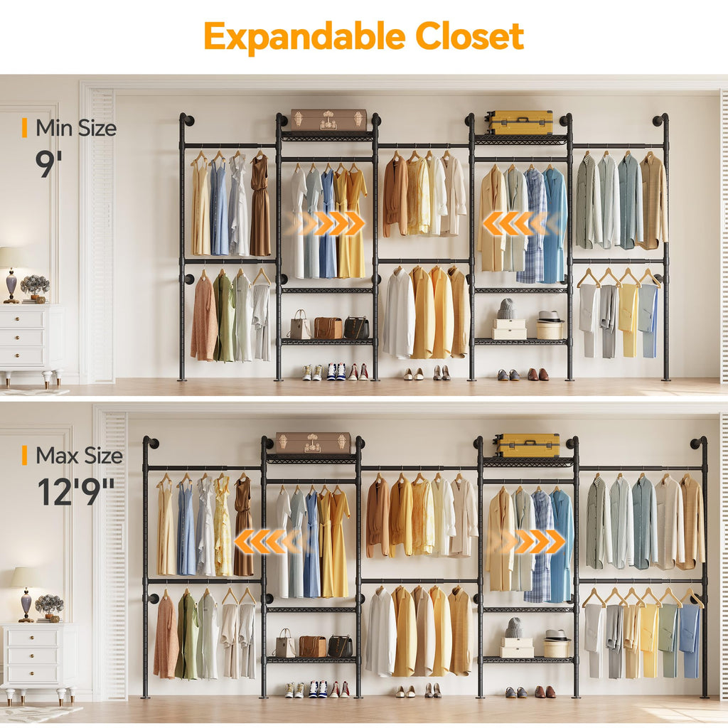 W5 Industrial Pipe Clothes Rack, Heavy Duty Clothing Rack, Black