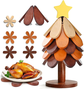 Wooden Christmas Tree Trivet + Stand - Set of 5