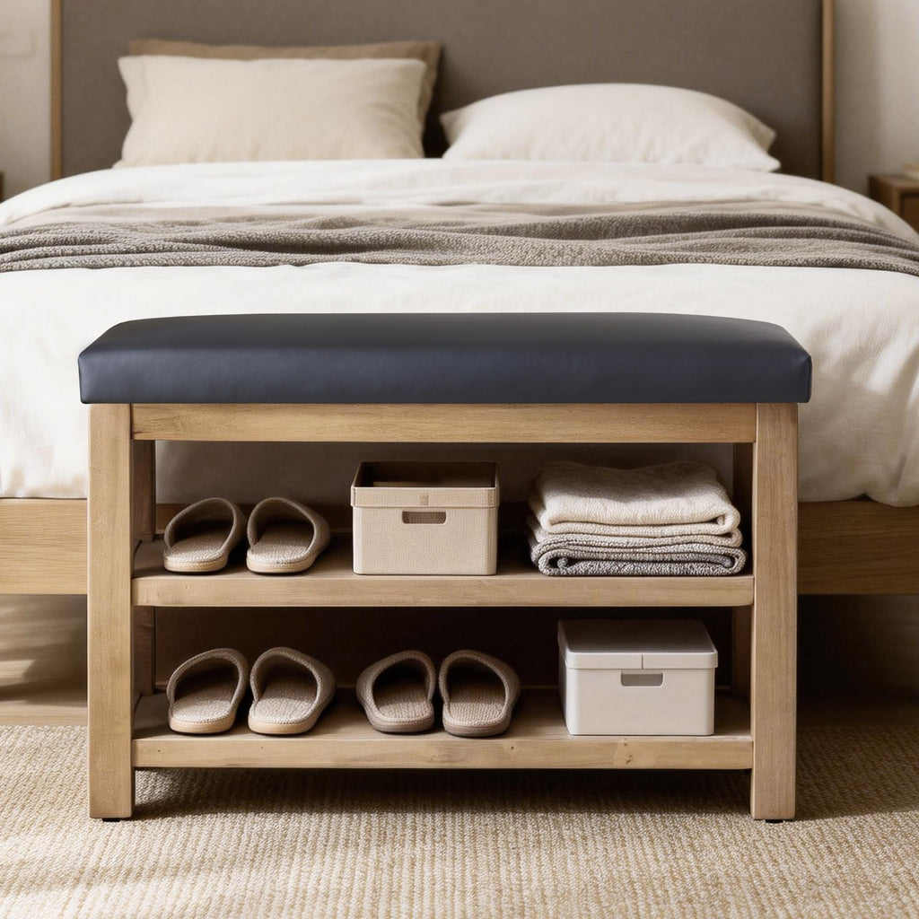 Shoe Rack Bench with Leather Cushion, 2 Tier Solid Wood Storage Bench, Mid-Century Modern Shoe Bench, Closet, Front