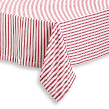 Red and White Ticking Stripe Woven Cotton Fabric Tablecloth, 60 Round