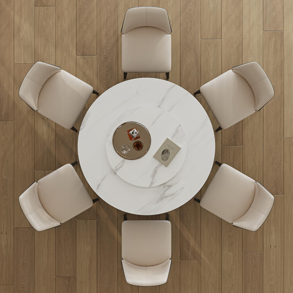59" Round Dining Table, Modern Turntable Marble Dining Table with Lazy Susan, Sintered Stone Tabletop Dining Room