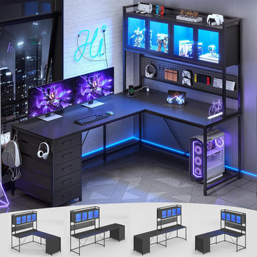 L Shaped Gaming Corner Desk with Drawers, Hutch and Storage Shelves
