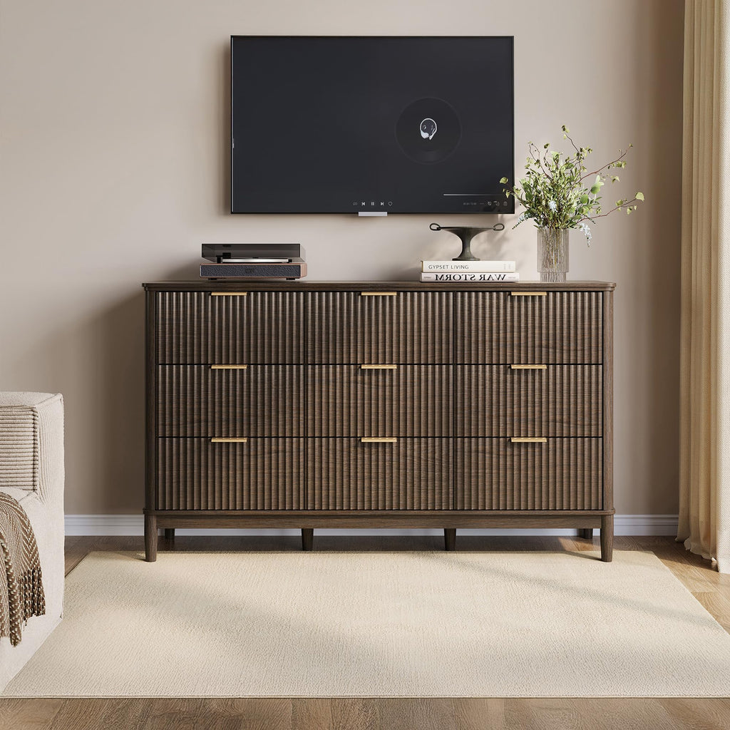 Fluted 9 Drawer Dresser, 58" Wide Mid-Century Modern Tall Chest of Drawers, Deep Storage Dresser with Curved Corner
