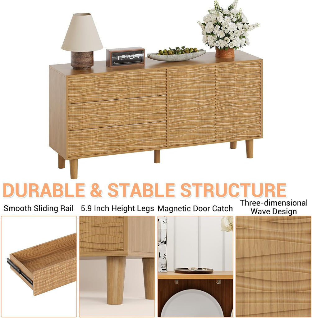 61" Wood Modern Sideboard Buffet Cabinet with Undulating Fluted Design, 3 Drawers & 2 Doors Kitchen Storage Cabinet