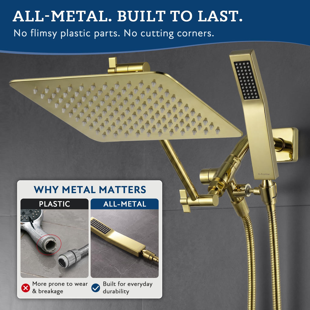 All Metal 10" Dual Square Shower Head Combo | Rain Shower Head | Handheld Shower Wand | Adjustable | 3-Way Diverter