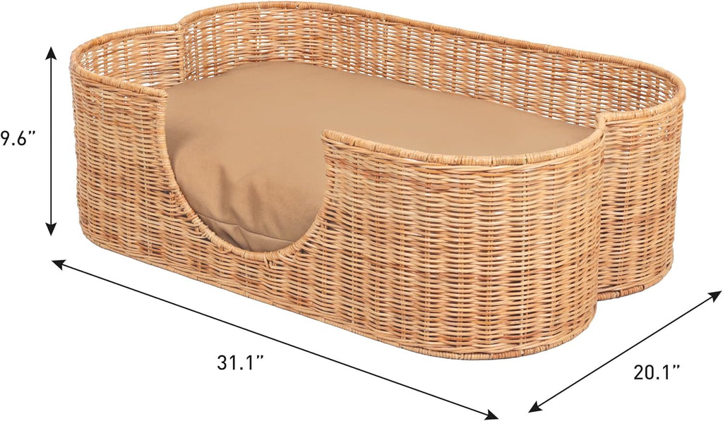 Scallop Handwoven Water Hyacinth Pet Bed with Machine Washable Cushion, 31" x 20" Wicker Cat and Dog Bed
