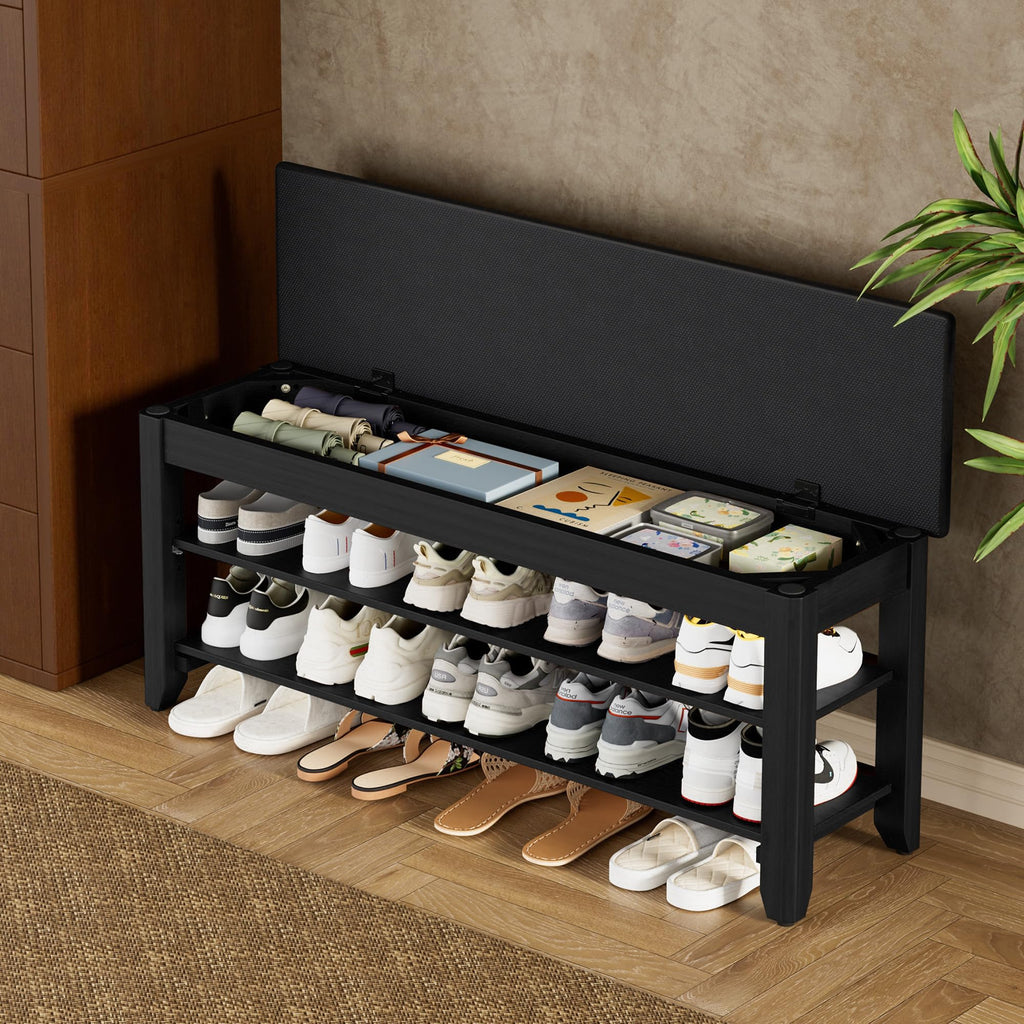 39.4" Wide Solid Wood Shoe Rack Bench with Flip-Top Storage